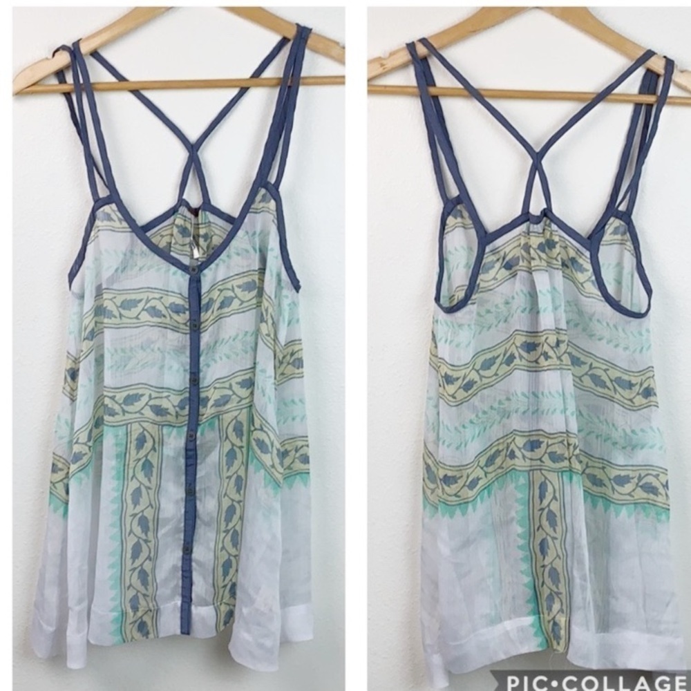 Free People semi sheer crinkle gauze double strap boho swing tank top EUC